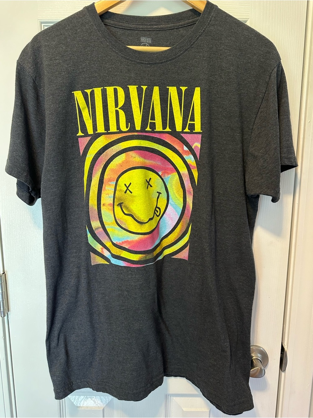 NIRVANA Black Tee with Neon Tie-Dye Smiley Graphic